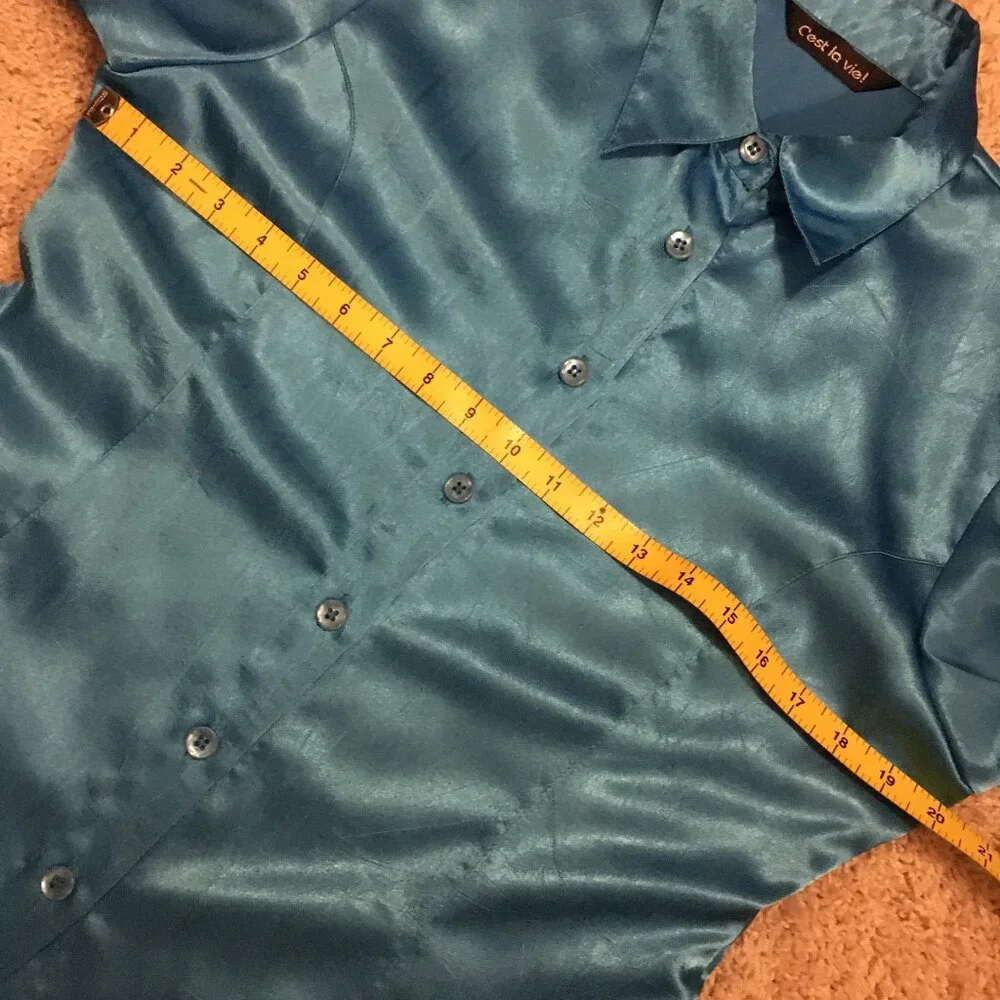 C'est La Vie Vintage Satiny Cyan Blue Retro Button Down Dress Shirt Canadian - M - Picture 12 of 16